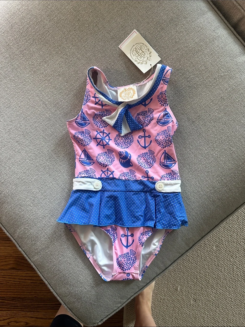 The Beaufort Bonnet Company Pink Nautical One-Piece Swimsuit with Blue Ruffle - Picture 1 of 1